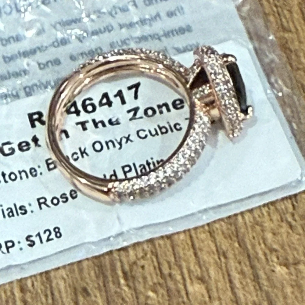 Bomb Party Ring Get In The Zone Rose Gold Plating Black Onyx RG46417‎ Size 8 NEW